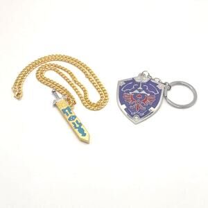 Stainless Legend of Zelda Master Sword & Shield Necklace Keychain Gift Set - NEW